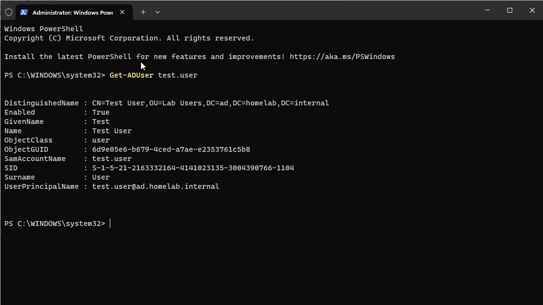PowerShell Get-ADUser output confirming the manual test account